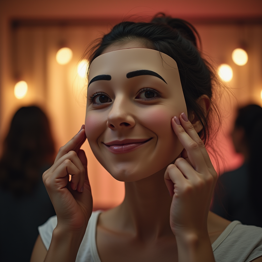 فردی در حال برداشتن یک ماسک است که چهرهای خجالتی دارد. زیر ماسک، چهرهای با اعتمادبهنفس و لبخند ظاهر میشود.