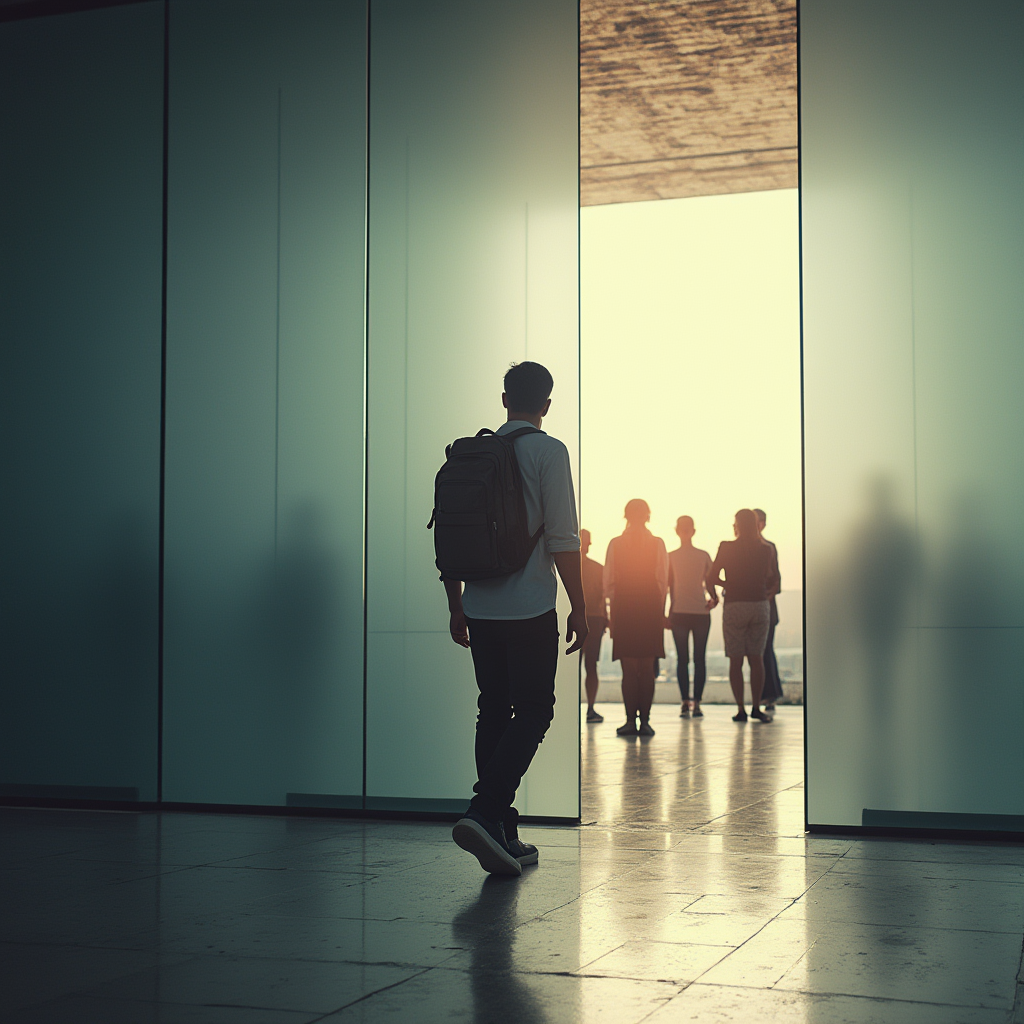 فردی در حال عبور از یک دیوار شیشهای مات که پشت آن فضای تاریک و خجالت است و روبرو فضای روشن و پر از افراد خوشحال و اجتماعی.