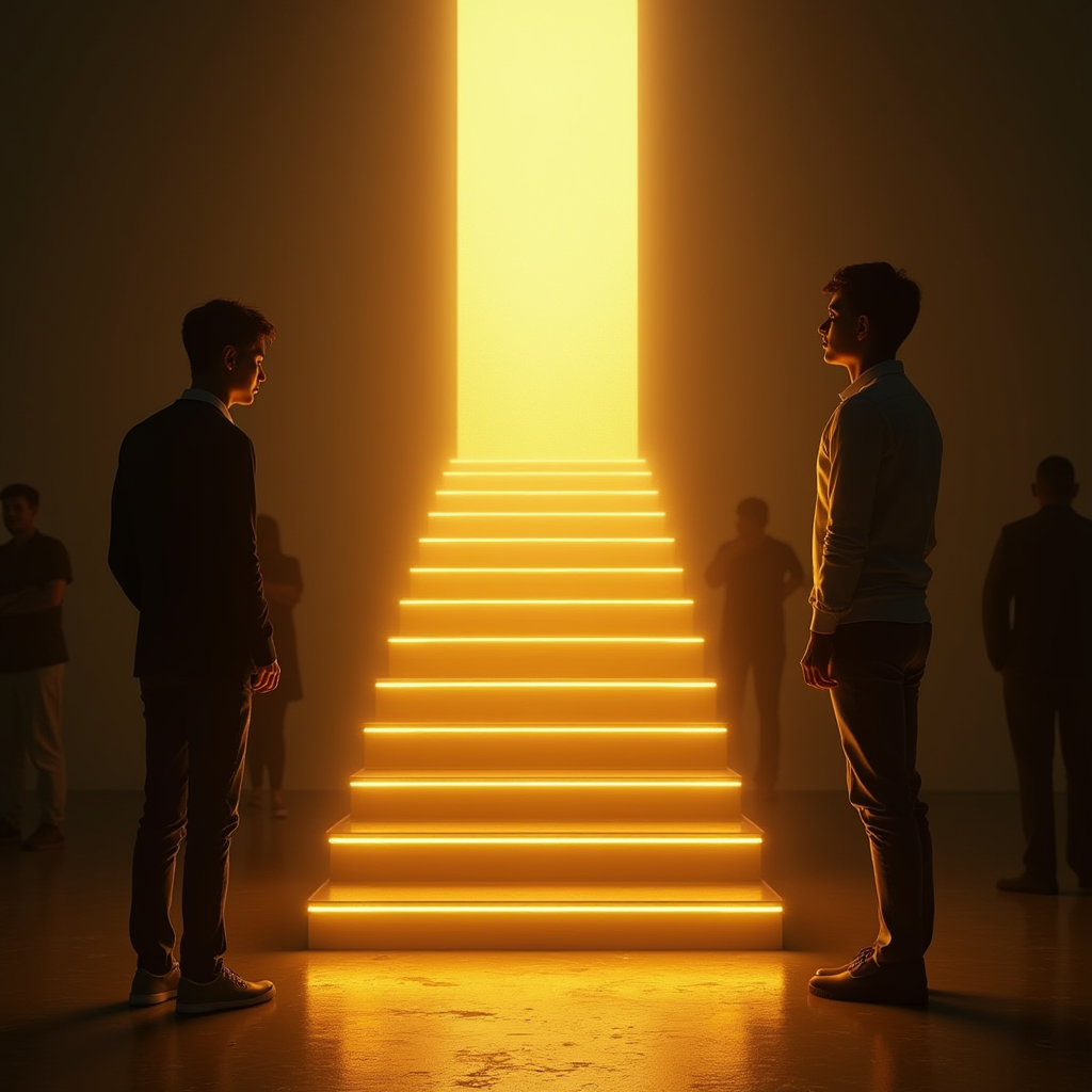 نیمهٔ سمت چپ تصویر، فردی را نشان میدهد که گوشهگیر، با بدن جمعشده و خجالتی است؛ در فضایی تاریک و کمنور ایستاده. نیمهٔ راست تصویر، همان فرد با اعتمادبهنفس ایستاده، لبخند بر لب دارد و در حال گفتگو با دیگران در محیطی روشن و گرم است.