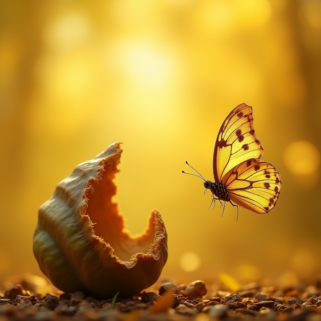 تصویر یک پیله (نماد کم رویی و انزوا) که در حال ترکیدن است و از آن یک پروانه رنگارنگ و طلایی در حال پرواز است.