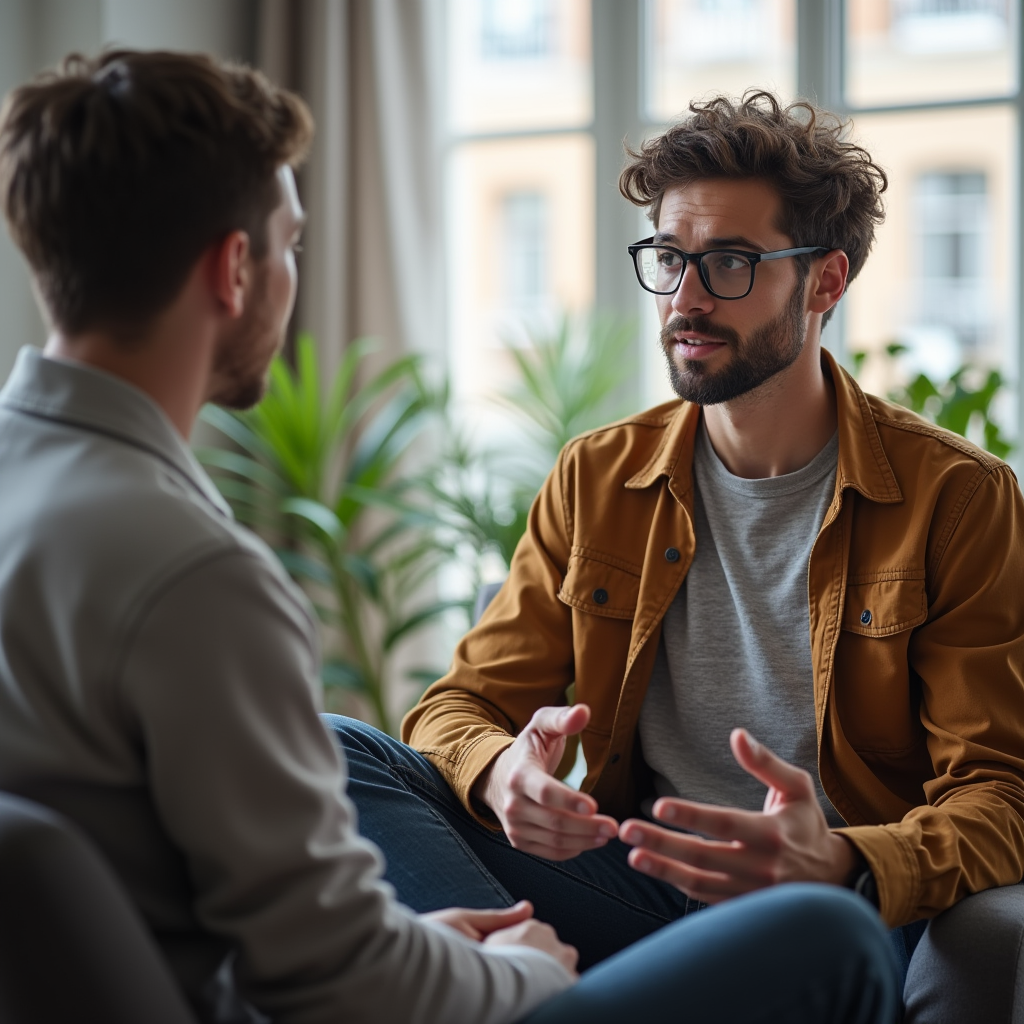نوجوانی که در اتاق مشاوره با یک روانشناس درباره بیش فعالی مشغول گفتگو است.