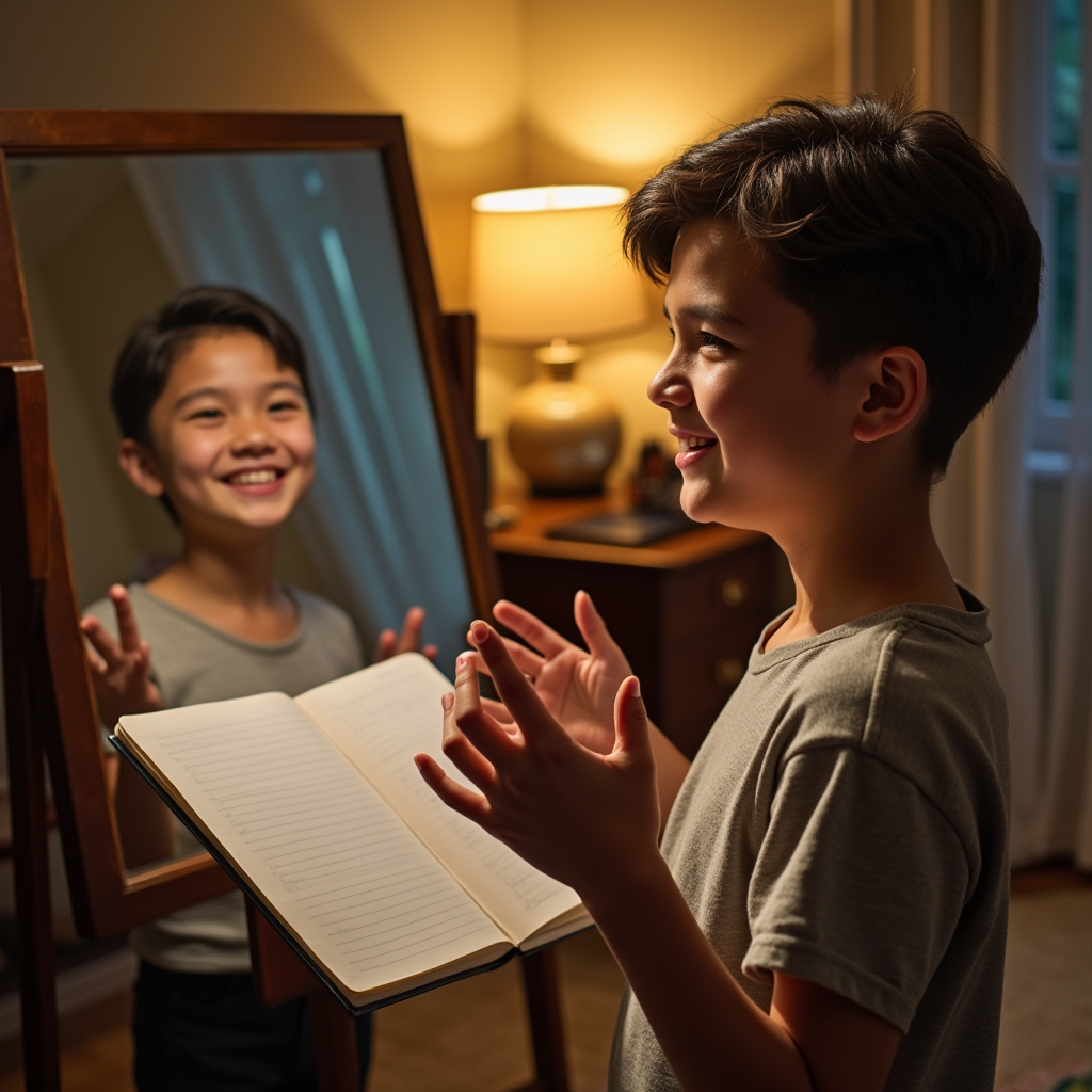 پسر بچه کم رویی که در حال تمرین صحبت کردن جلوی آینه است