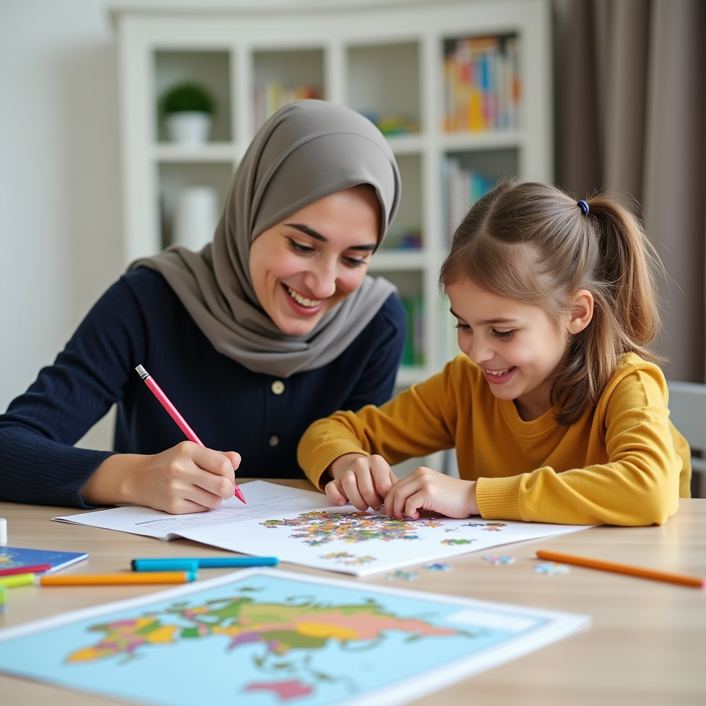 مادری موفق در تربیت کودک که در حال کمک به کودک در انجام تکالیف یا ساختن پازل؛ هر دو لبخند به لب دارند.