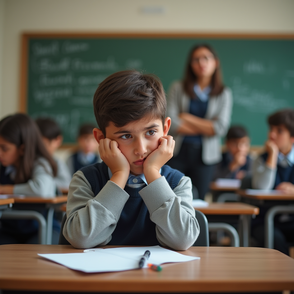 پسر نوجوان و بیش فعال ایرانی با یونیفرم مدرسه (مثل پیراهن آبی روشن و شلوار طوسی)، در حال تکان خوردن روی صندلی یا بازی با خودکار در کلاس درس. معلم نگاهی نیمه‌نگران دارد.