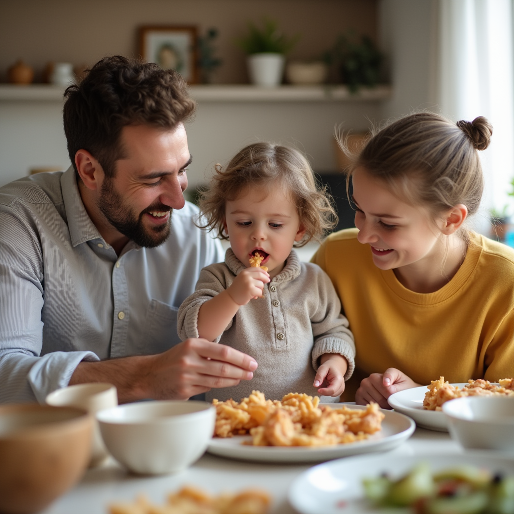 پدر و مادر سر میز نهارخوری با فرزند کوچکشان