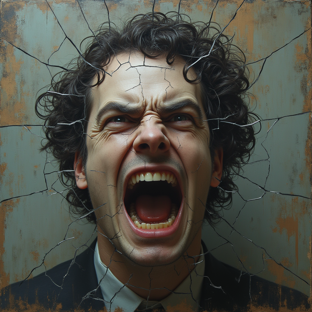 صویر مفهومی از آینهای شکسته که چهره فرد در آن خشمگین و پر از نفرت دیده میشود