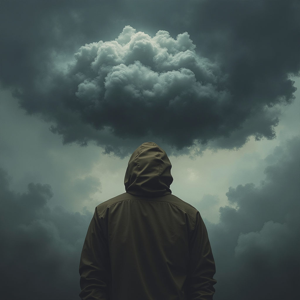 فردی که زیر بار سنگین کینه خم شده، در حالیکه ذهنش پر از ابرهای تیره است