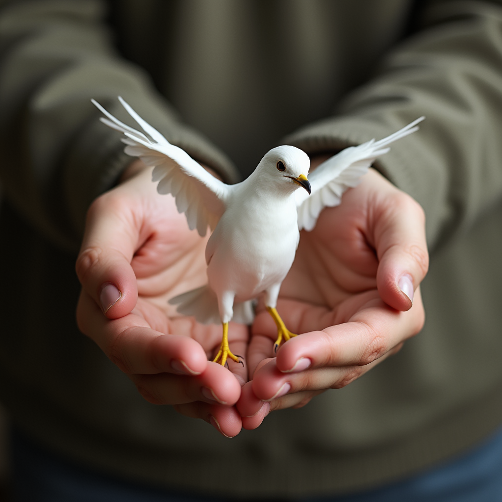 انسانی که در حال رها کردن پرندهای سفید از دستانش است، نماد بخشش و آزادی