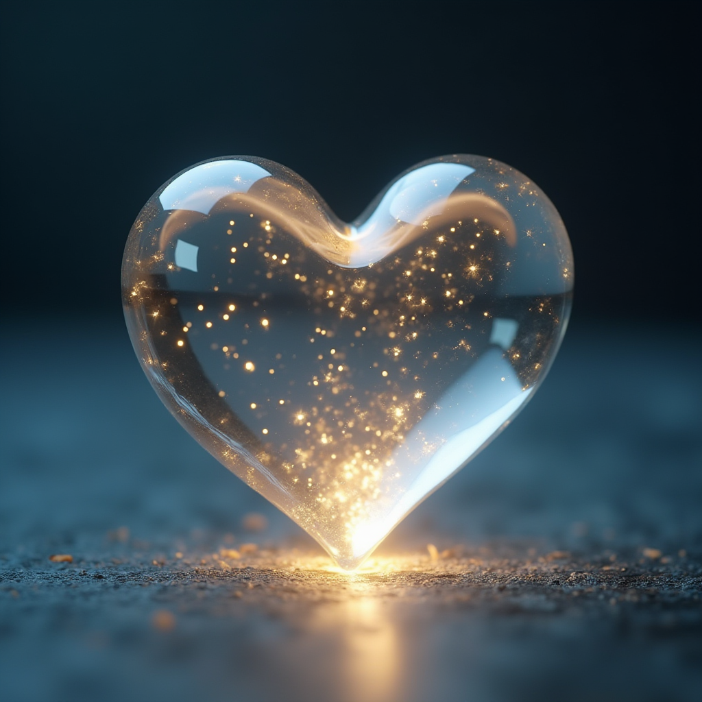 قلب شفاف شیشه‌ای – وسط تصویر قرار دارد و نور ملایمی از درون آن می‌تابد، نماد صداقت و خلوص.