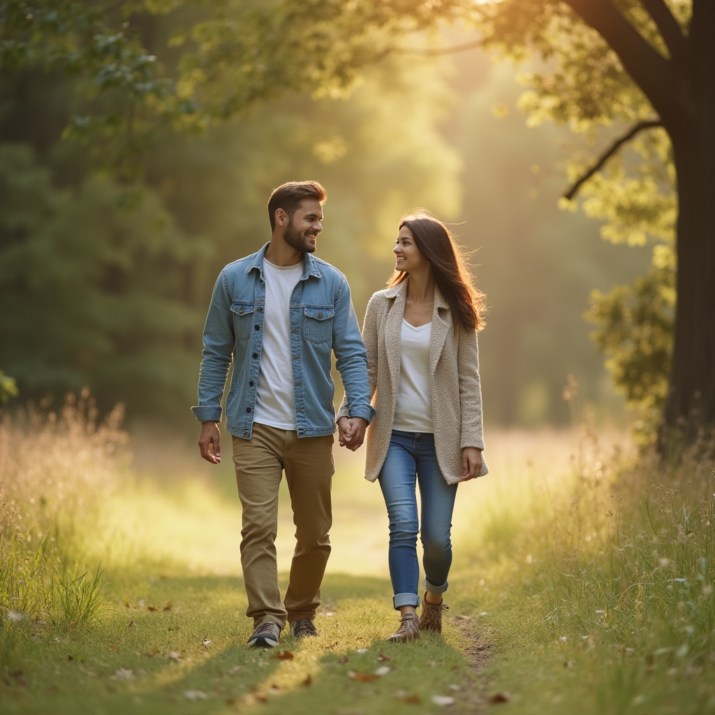 زوج در حال قدم‌زدن در طبیعت – دست در دست، با لبخند و آرامش، نماد اعتماد و صداقت