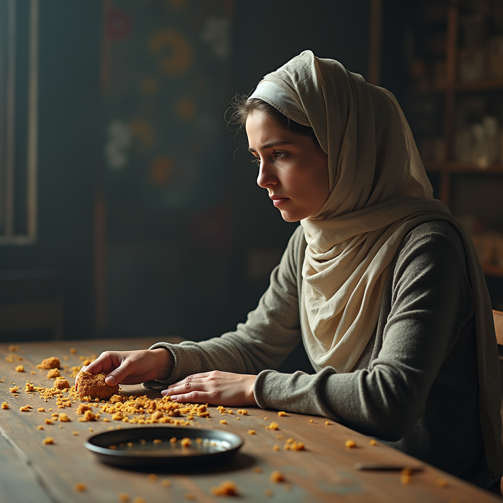 سفره یا میز با چند غذای پراکنده و مقدار بسیار کم، زن با روسری در انتهای سفره نشسته، حالت بی‌اشتها و غمگین.