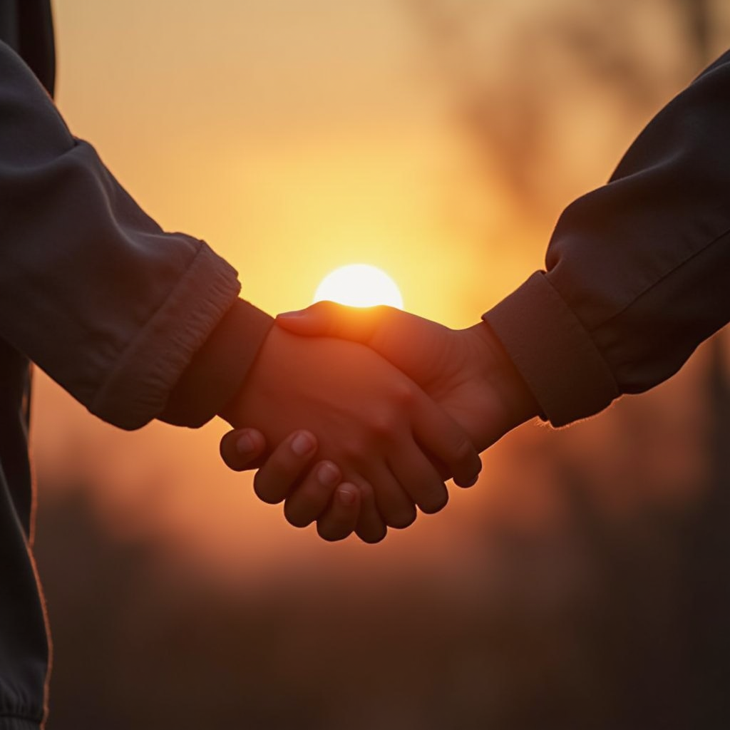 دو دست در هم قفل‌شده در پس‌زمینه‌ای آرام (مثل غروب یا نور ملایم) بیانگر پیوند قلبی و صداقت