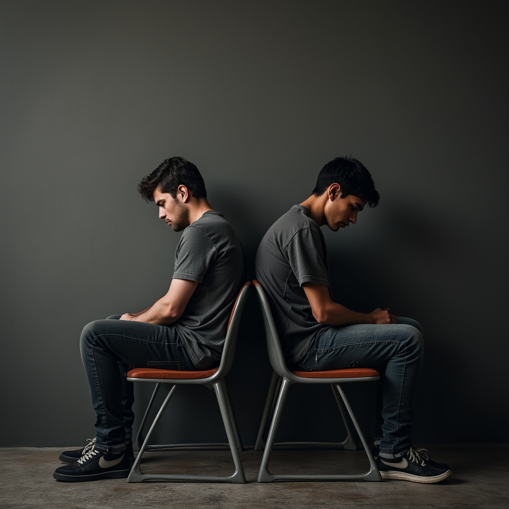 دو نفر که پشت به هم نشستهاند، دیواری تاریک میان آنها کشیده شده است.