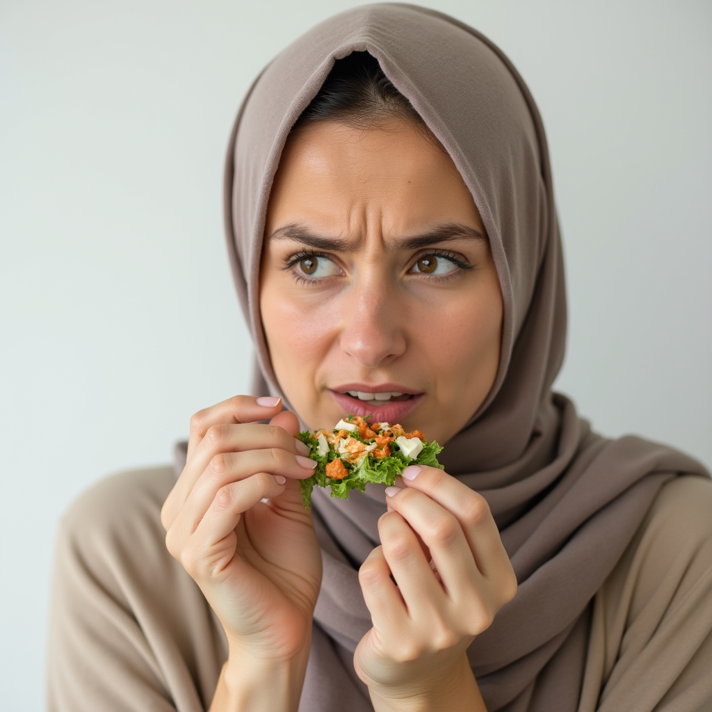 زن با روسری، لقمه بسیار کوچک سالاد یا سبزی را بین انگشتان گرفته، به آن با تردید و نگرانی نگاه می‌کند