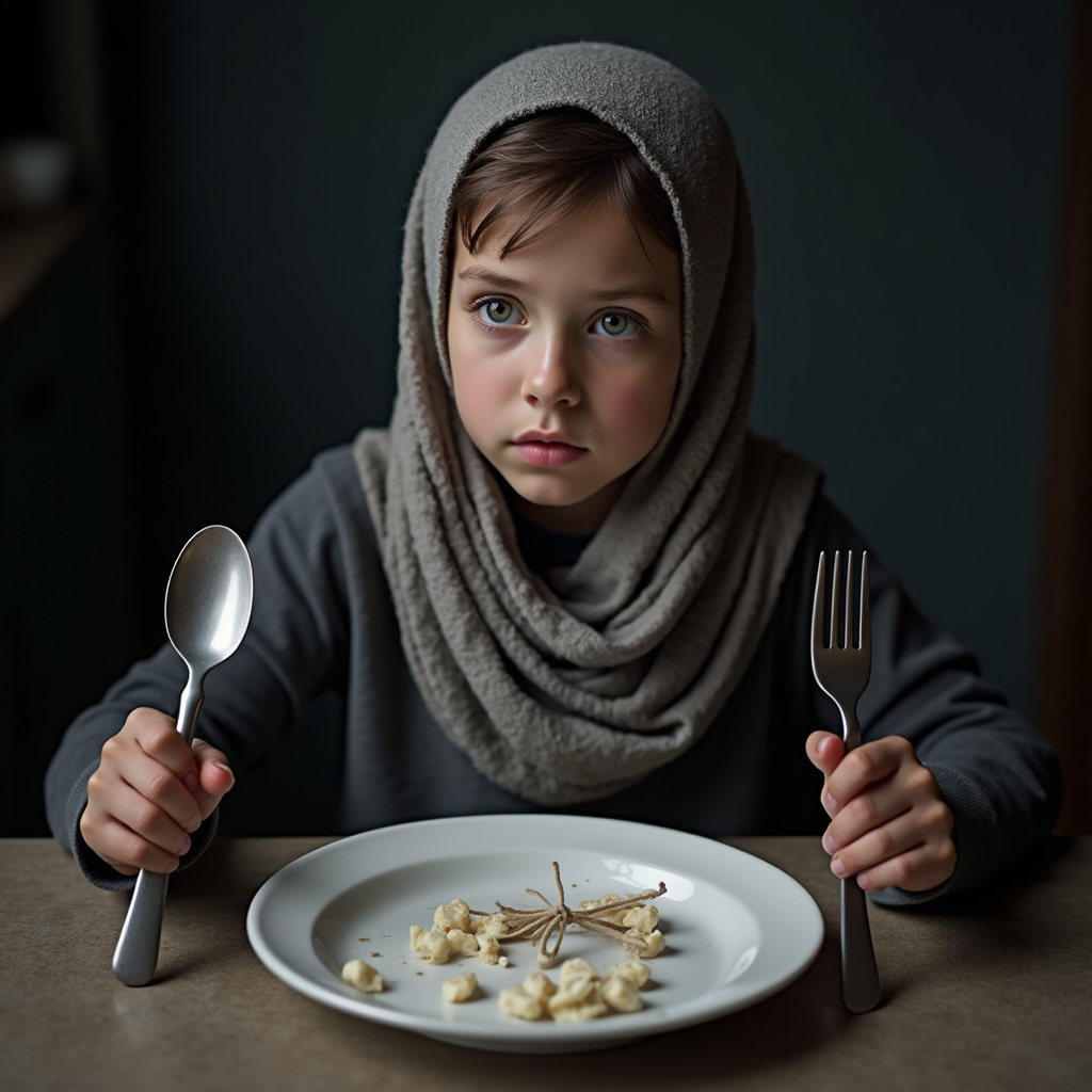 زن جوان با روسری، لاغر و رنگ‌پریده، مقابل بشقاب خالی نشسته، قاشق و چنگال با نخ یا روبان بسته شده‌اند