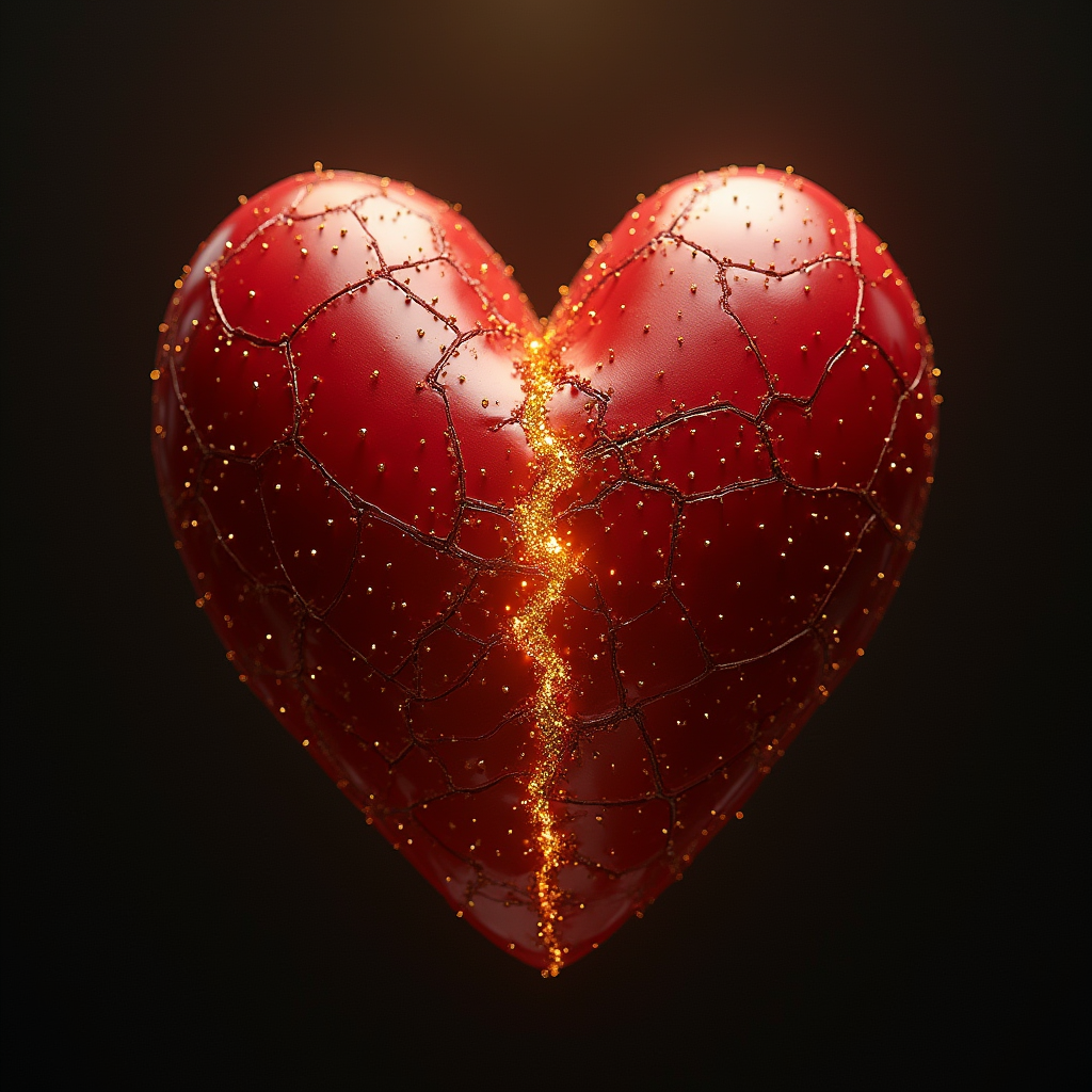 قلبی که در اختلافات زناشویی ترکخورده که با نخ طلایی دوخته شده و درخشان شده است