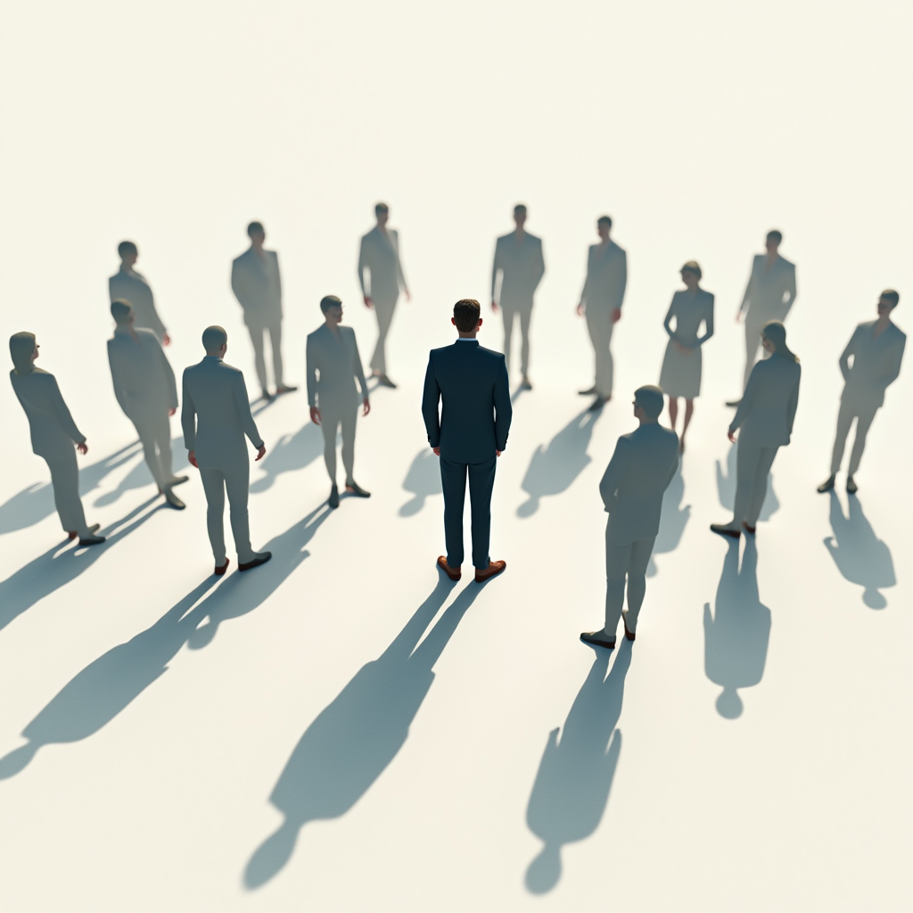 تصویر مفهومی سایه انسانی که تنهاست و در برابرش سایههای زیادی در تعامل با هم هستند.