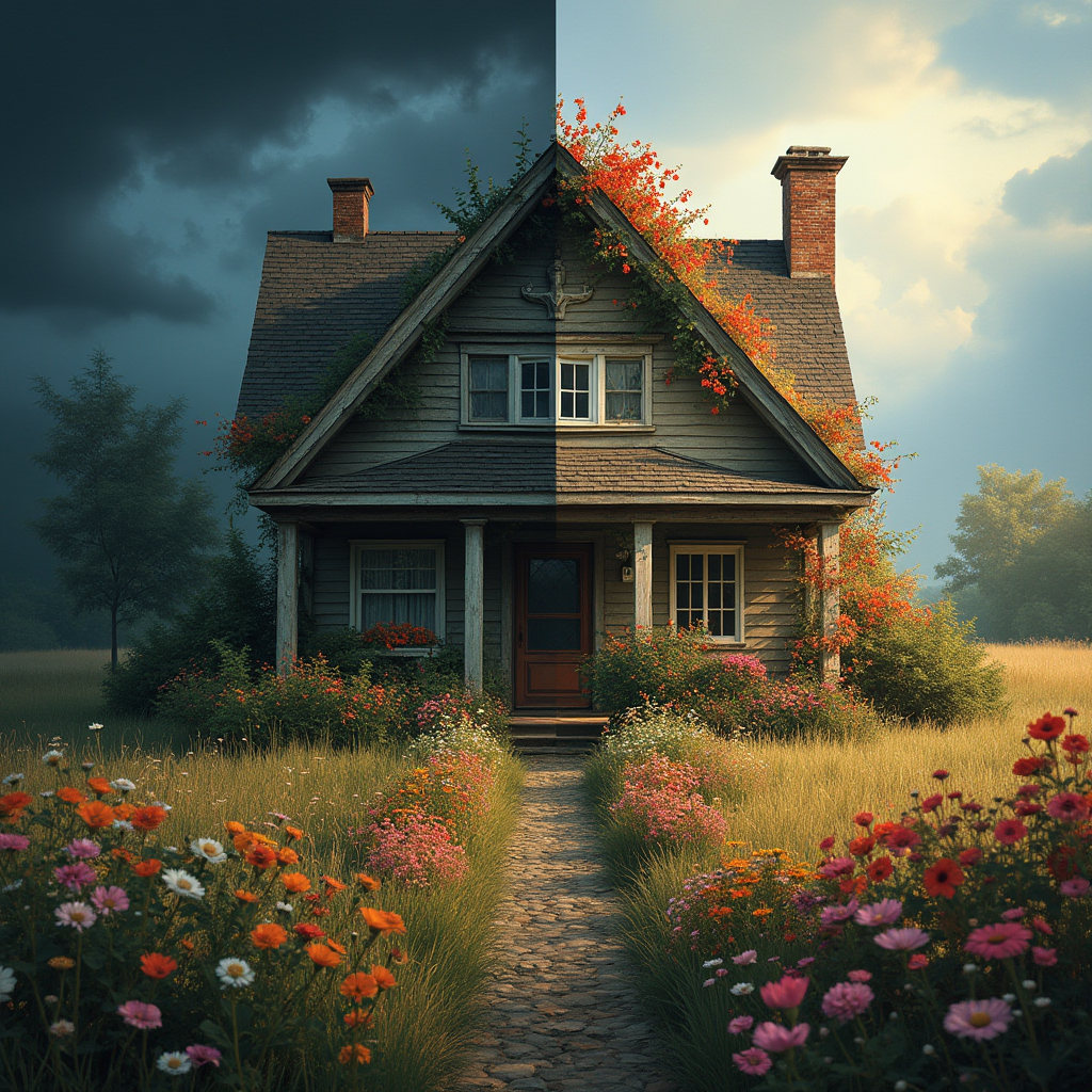 خانهای که یک سمت آن تاریک و پرتنش است و سمت دیگر روشن و پر از گل و آرامش به نشان از مدیریت اختلافات زناشویی