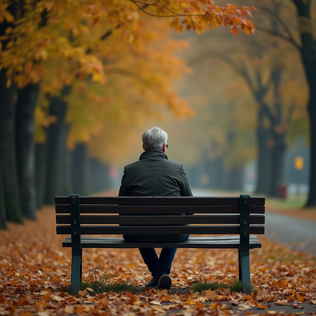 مردی تنها روی نیمکت پارک پاییزی نشسته، برگ‌های خشک اطرافش ریخته و حس سوگ و تنهایی نمایان است.