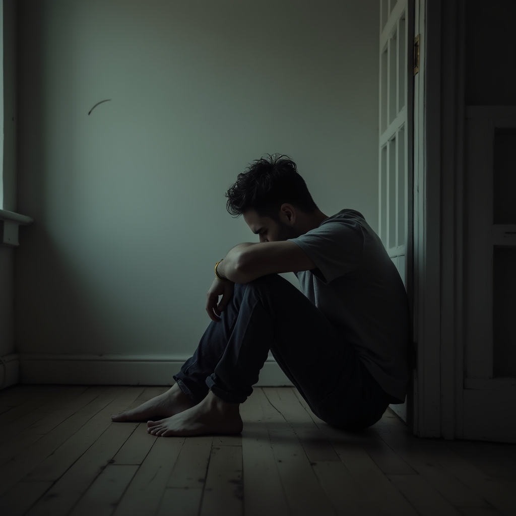 مردی که از اختلال سوگ رنج میبرد و در اتاق تاریک تنها و غمگین نشسته است