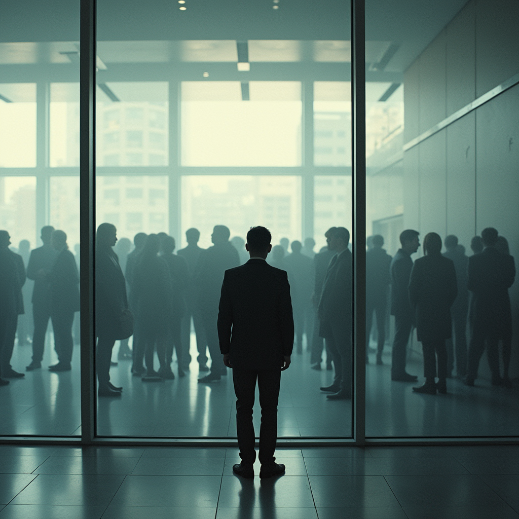 تصویر نمادین فردی که پشت دیواری شیشهای ایستاده و جمعی از مردم در آنسوی دیوار در حال برقراری ارتباط هستند.