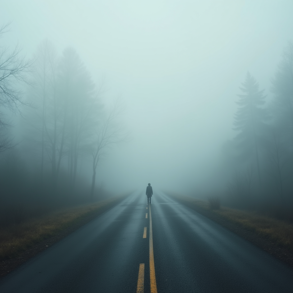 جاده‌ای خالی و مه‌آلود که نماد تنهایی و مسیر سوگ است.