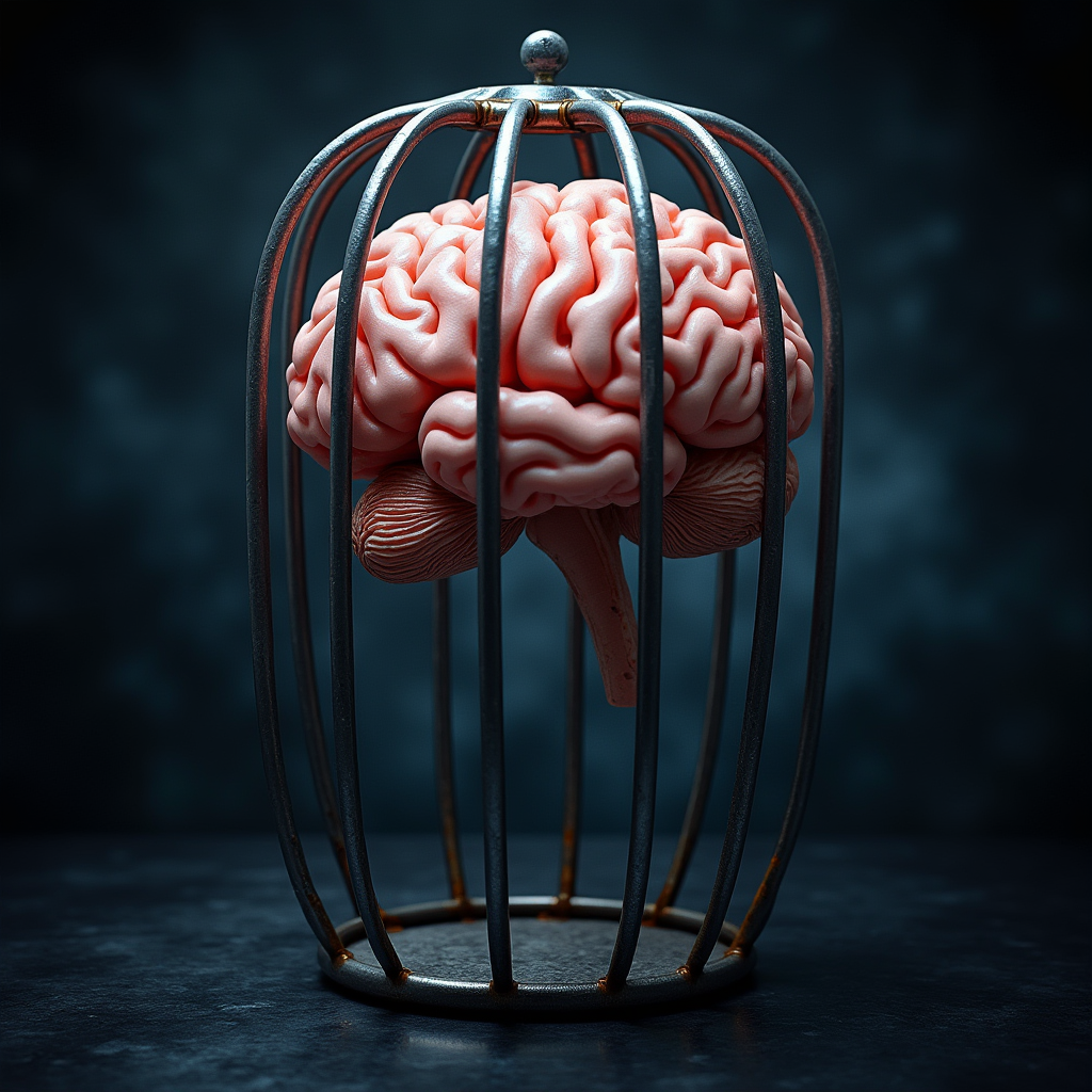 تصویر مفهومی از مغز انسان درون قفس، نماد انزوای ذهنی و روانی