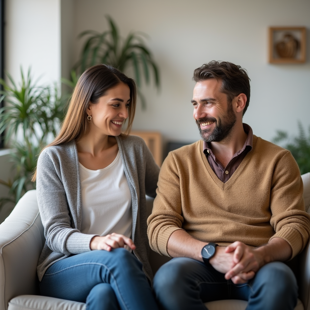 زوج در جلسه مشاوره روانشناسی اختلافات زناشویی، نشسته مقابل درمانگر با لبخند