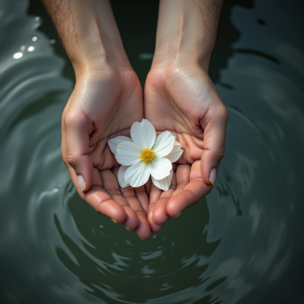 ست انسانی که گل سفید را آرام در رودخانه یا دریاچه رها می‌کند.