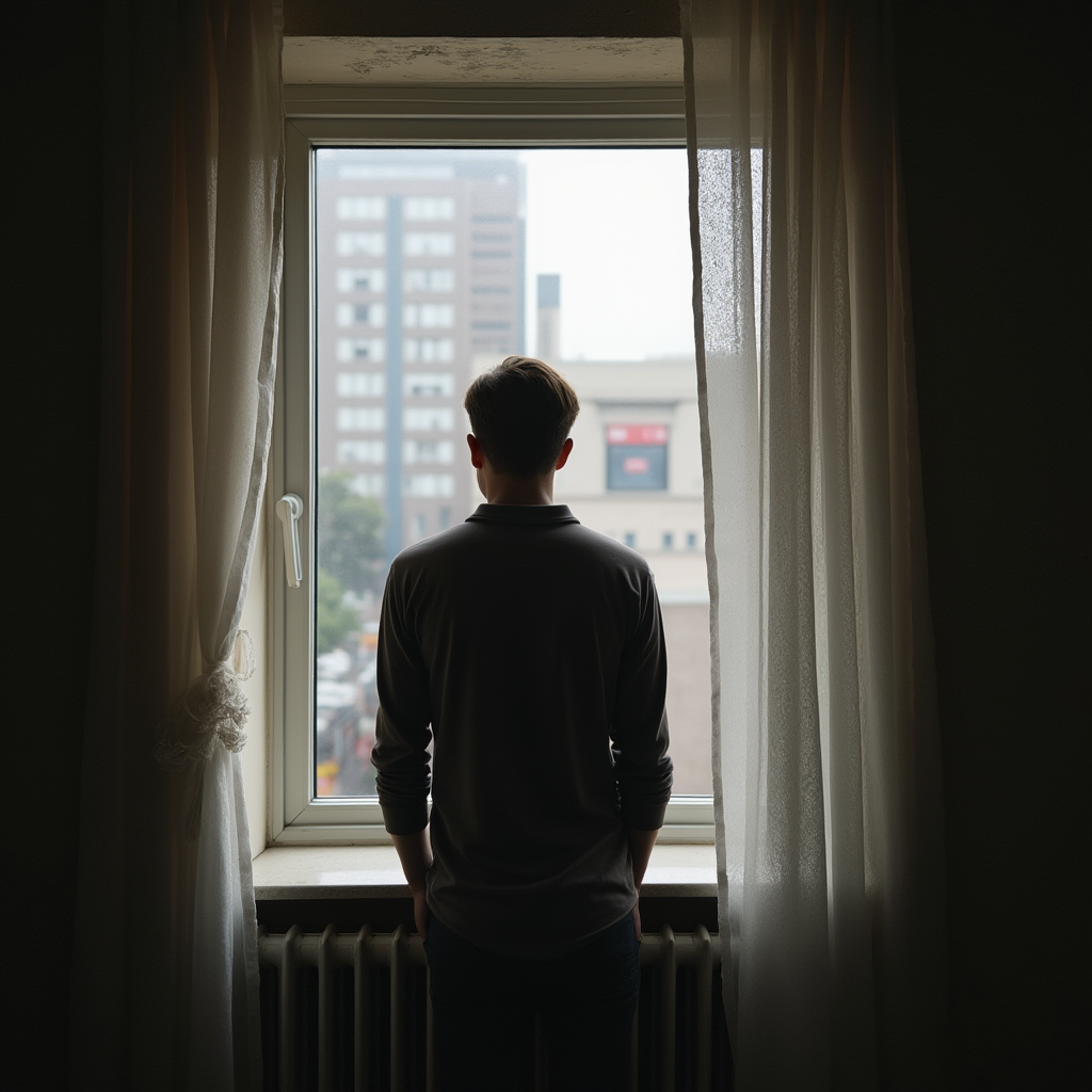 فردی پشت پنجره با پرده نیمهباز، نگاه به بیرون، حس جدایی و دوری از جامعه