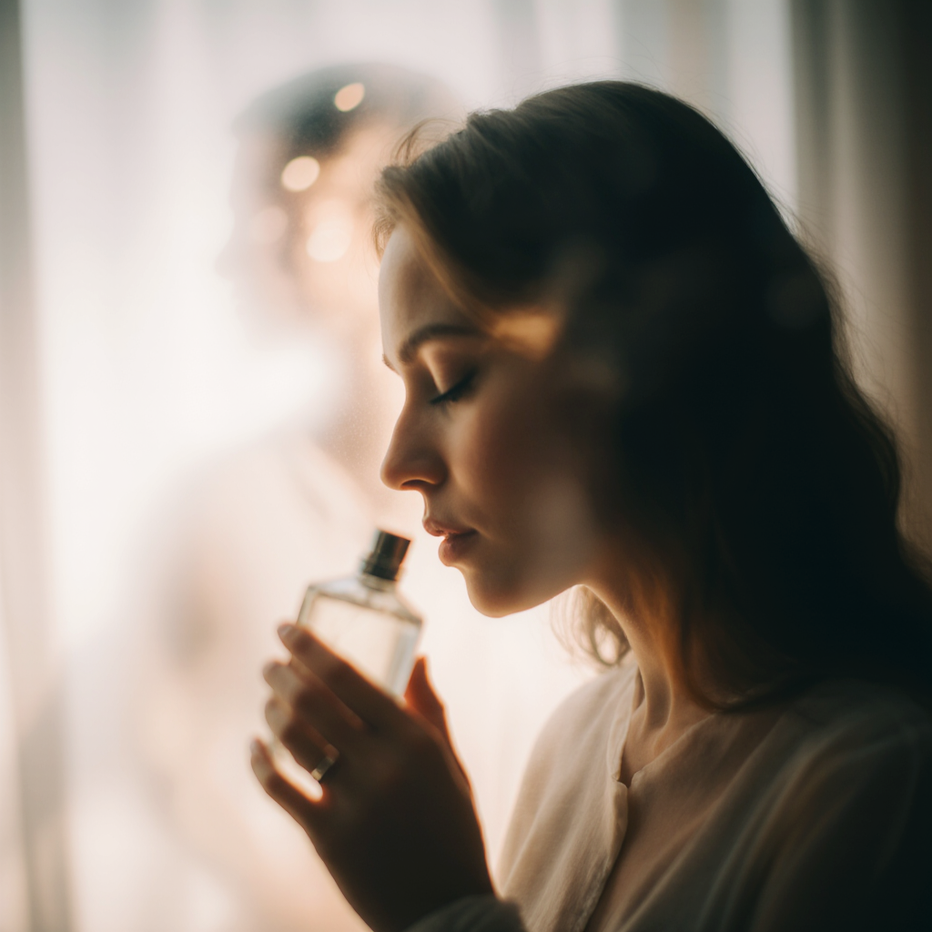 دختری که با بوی عطر خاصی در ذهنش خاطره‌ای قدیمی را مرور می‌کند؛ در پس‌زمینه تصویر، سایه خاطره یا یاد گذشته دیده می‌شود.