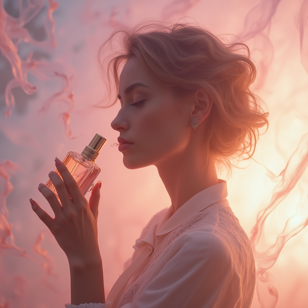 زنی چشم‌بسته در حال استشمام بوی عطر، با پس‌زمینه‌ای از رنگ‌های ملایم و موج‌های بویایی که ذهن و احساسات او را نمایش می‌دهند.