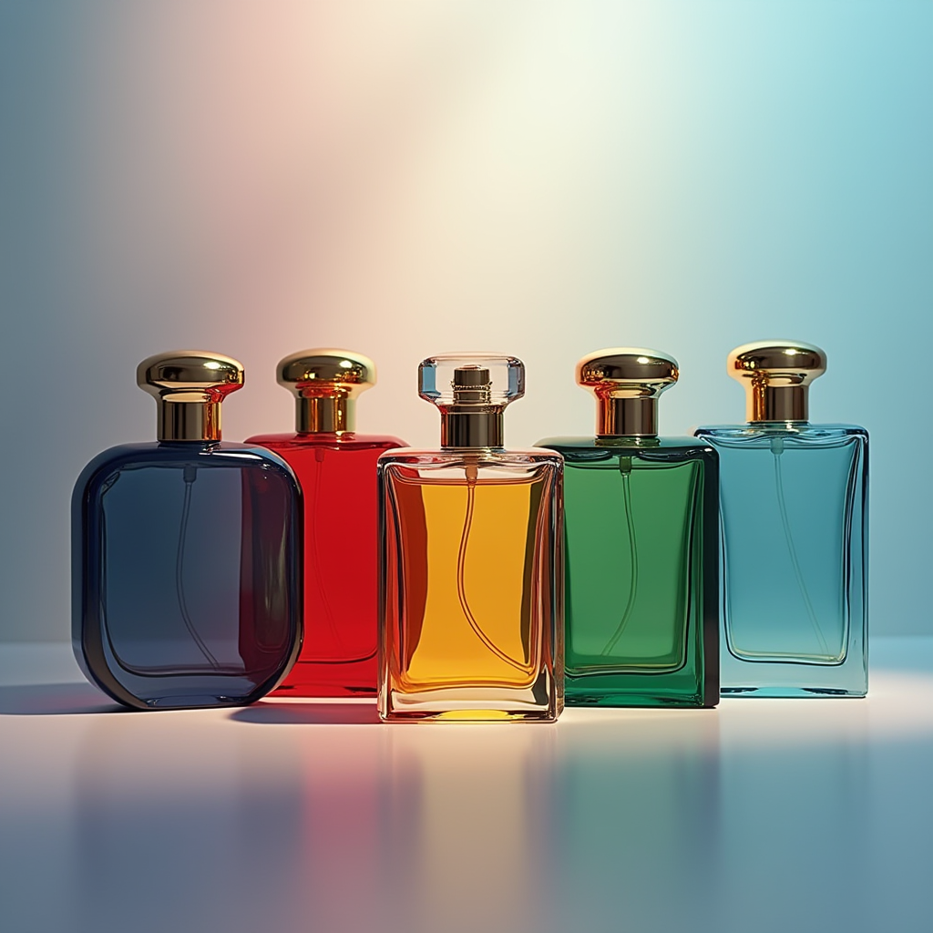 بطری‌های عطر با رنگ‌های متفاوت (آبی، قرمز، سبز، طلایی) که هرکدام نماد احساس خاصی هستند؛ در پس‌زمینه یک طیف رنگی احساسی.