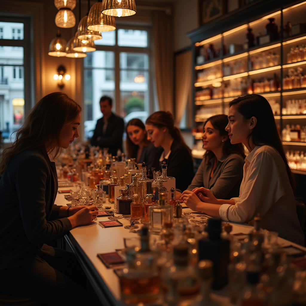 چند فرد با استایل‌های متفاوت (کلاسیک، مدرن، اسپرت، رمانتیک) در حال انتخاب عطر متناسب با شخصیتشان در یک فروشگاه شیک.